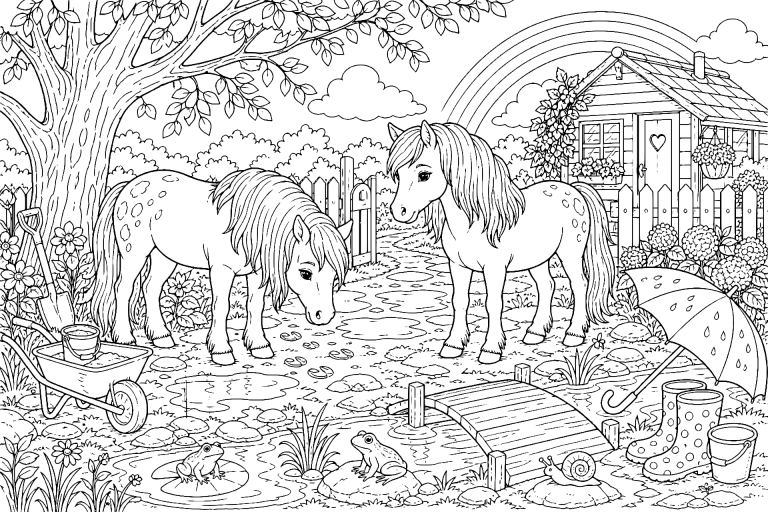 Ponys im Regentag - Ausmalbild ab 8 Jahren
