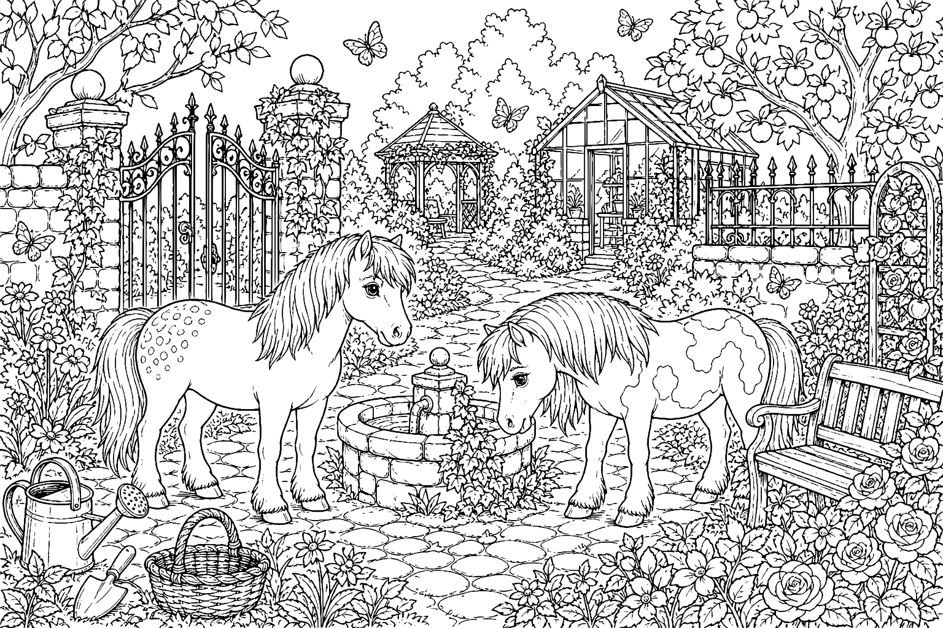 Ponys im verwunschenen Garten - Ausmalbild ab 8 Jahren