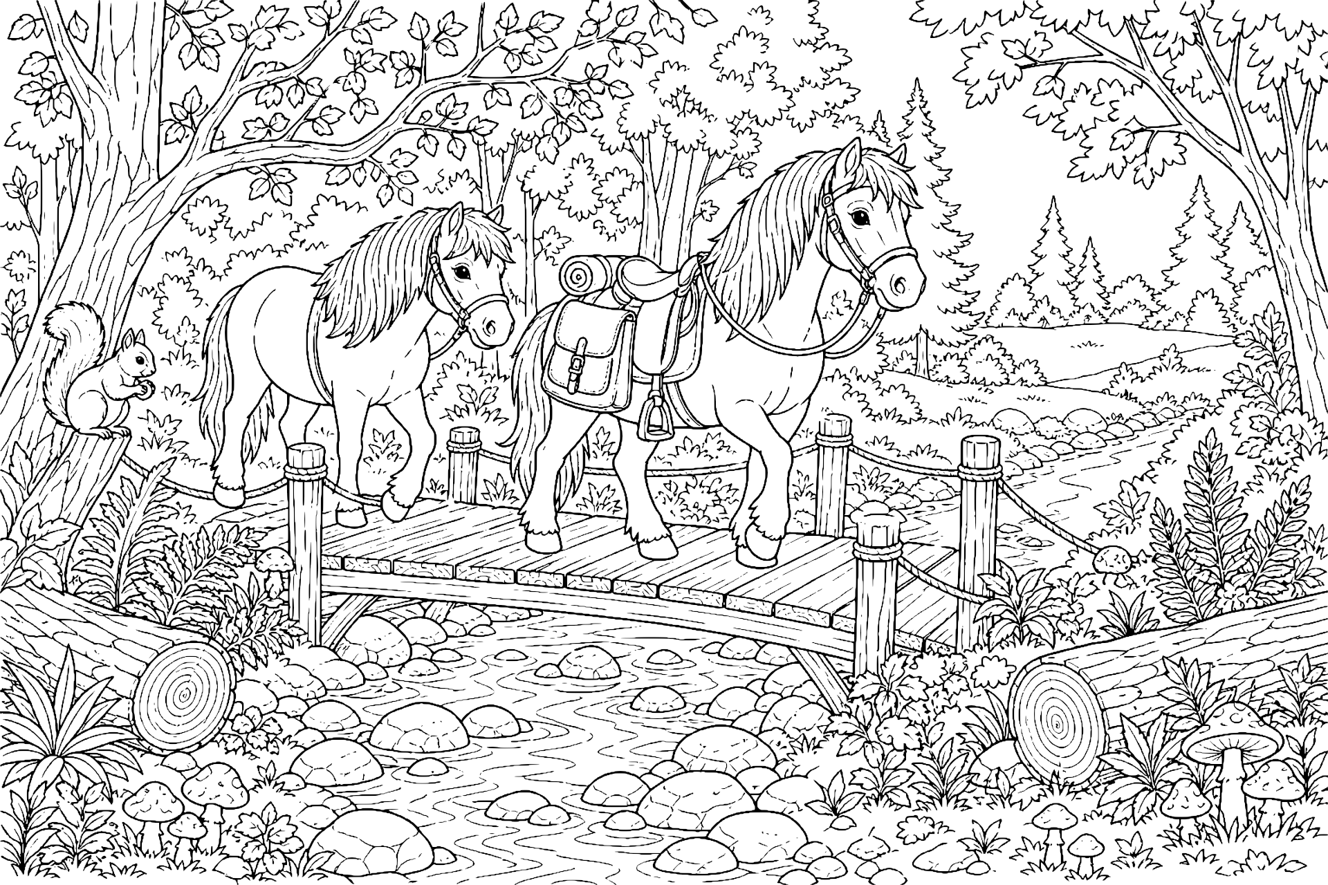 Ponys im Waldabenteuer - Ausmalbild ab 8 Jahren