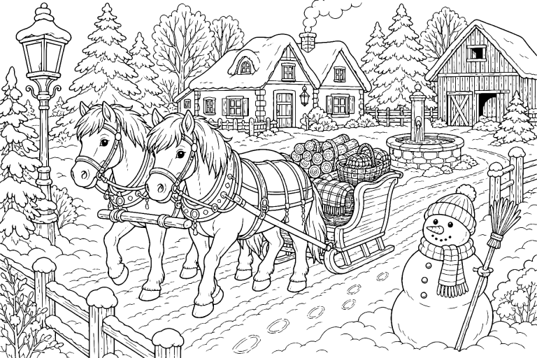 Ponys im winterlichen Dorf - Ausmalbild ab 8 Jahren