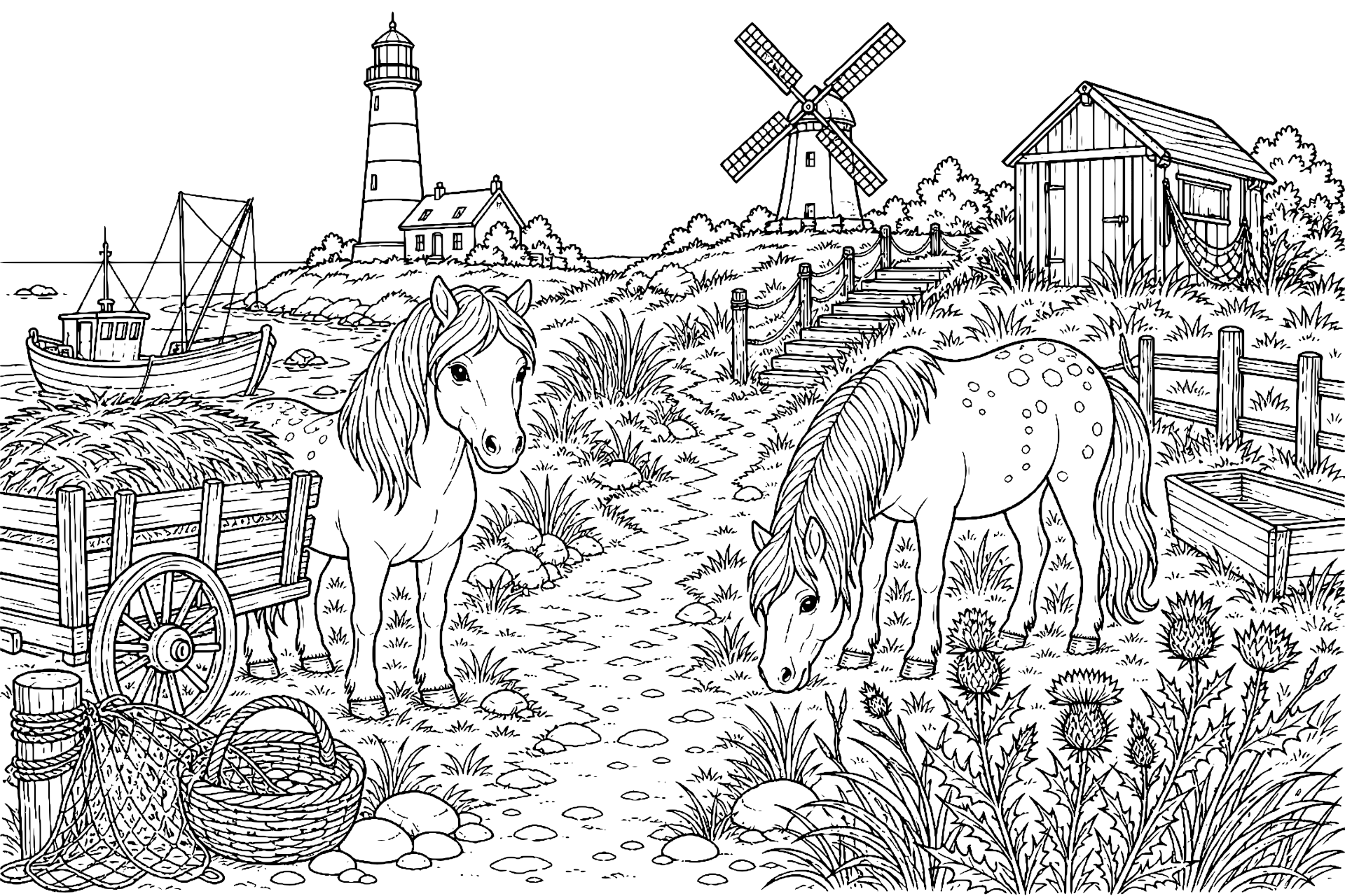 Ponys in der Küstenwiese - Ausmalbild ab 8 Jahren