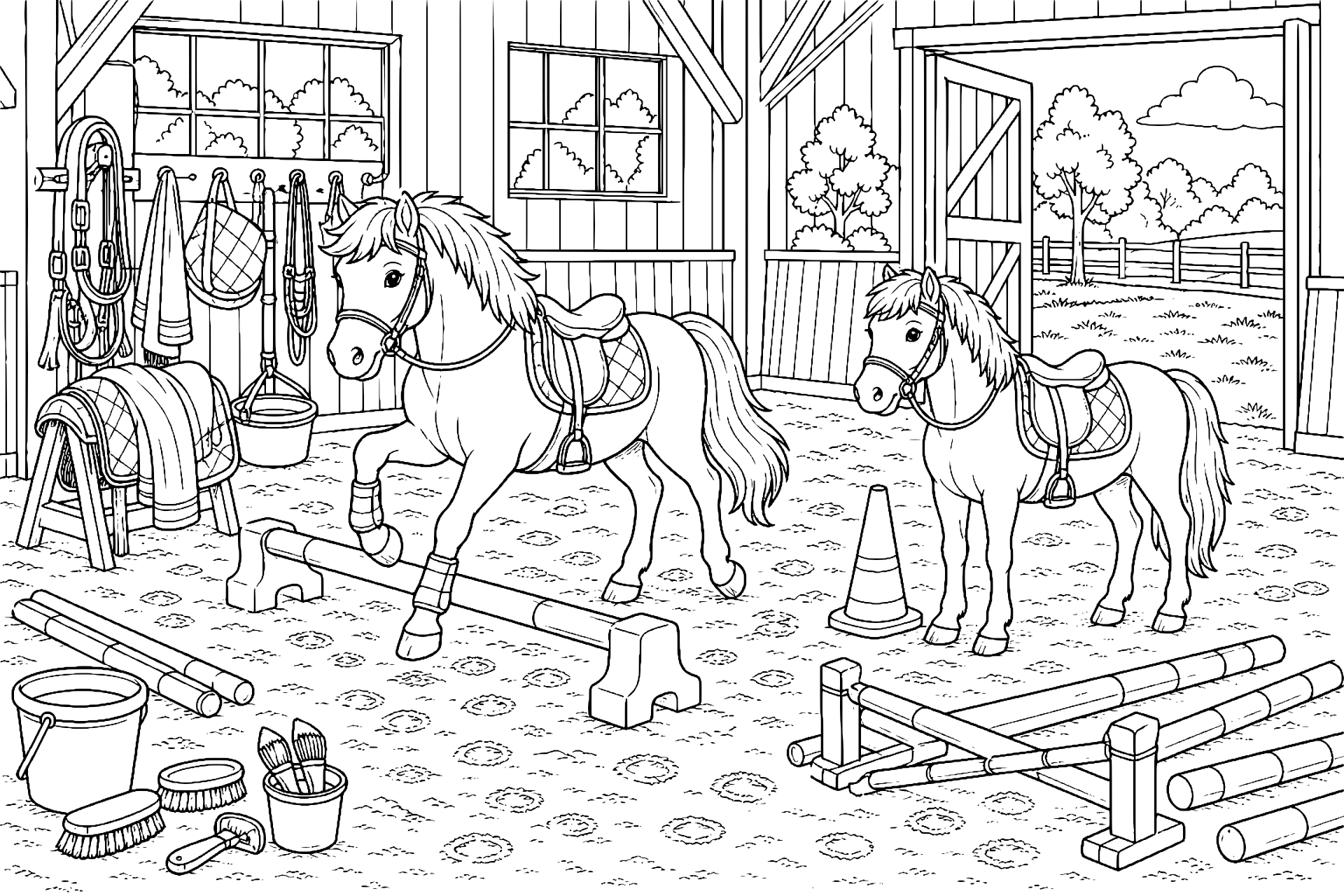 Ponys in der Reithalle - Ausmalbild ab 8 Jahren