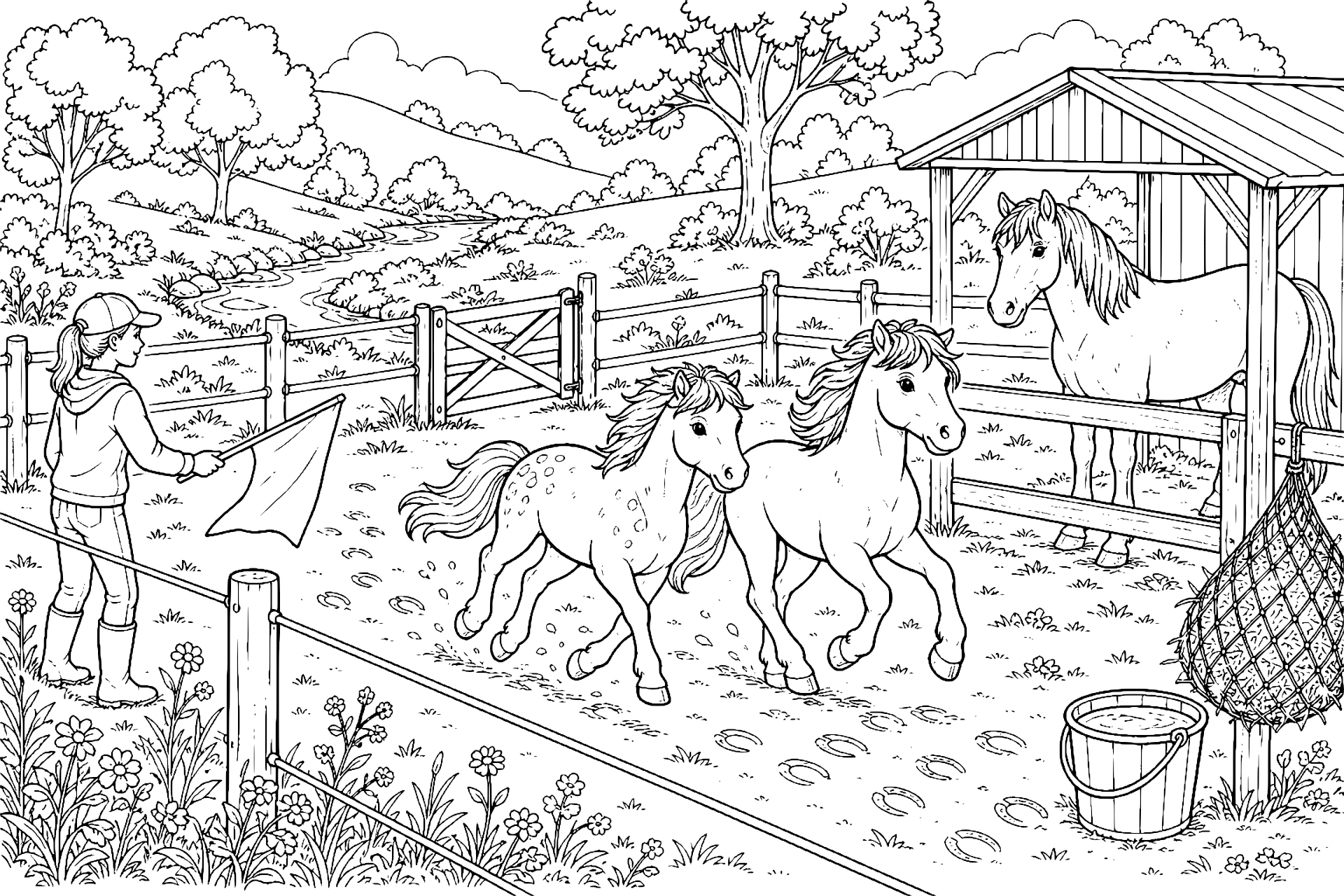 Ponys und das Fohlenrennen - Ausmalbild ab 8 Jahren