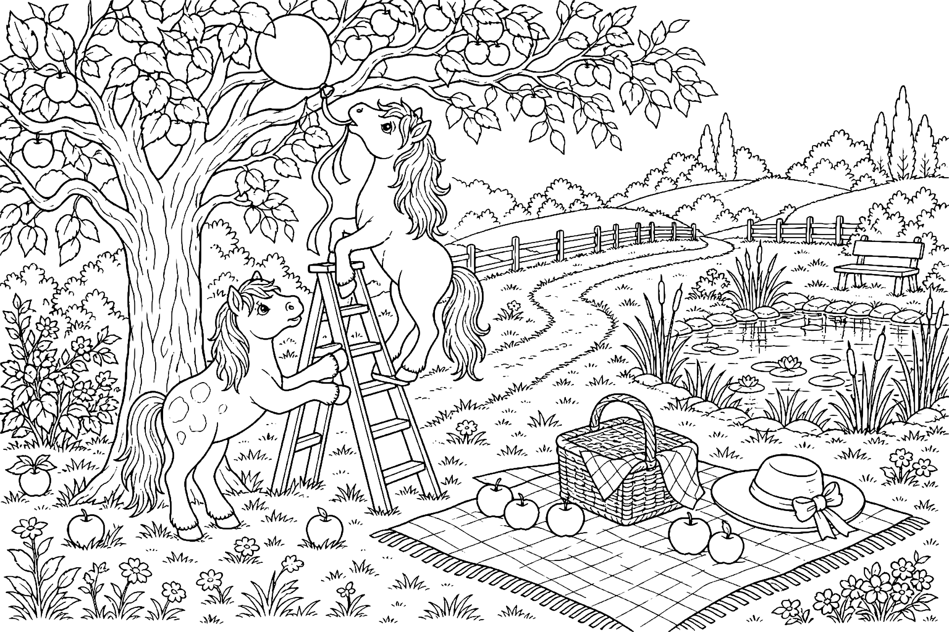 Ponys und der verlorene Ballon - Ausmalbild ab 8 Jahren