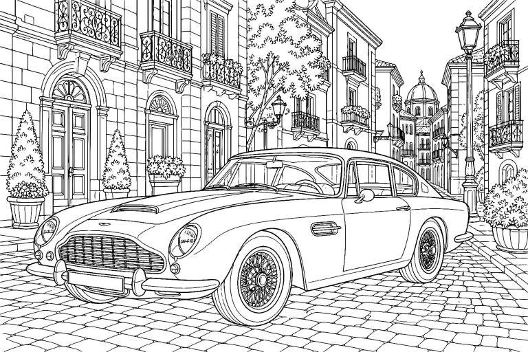Klassischer Grand Tourer im nächtlichen Stadtviertel - Ausmalbild