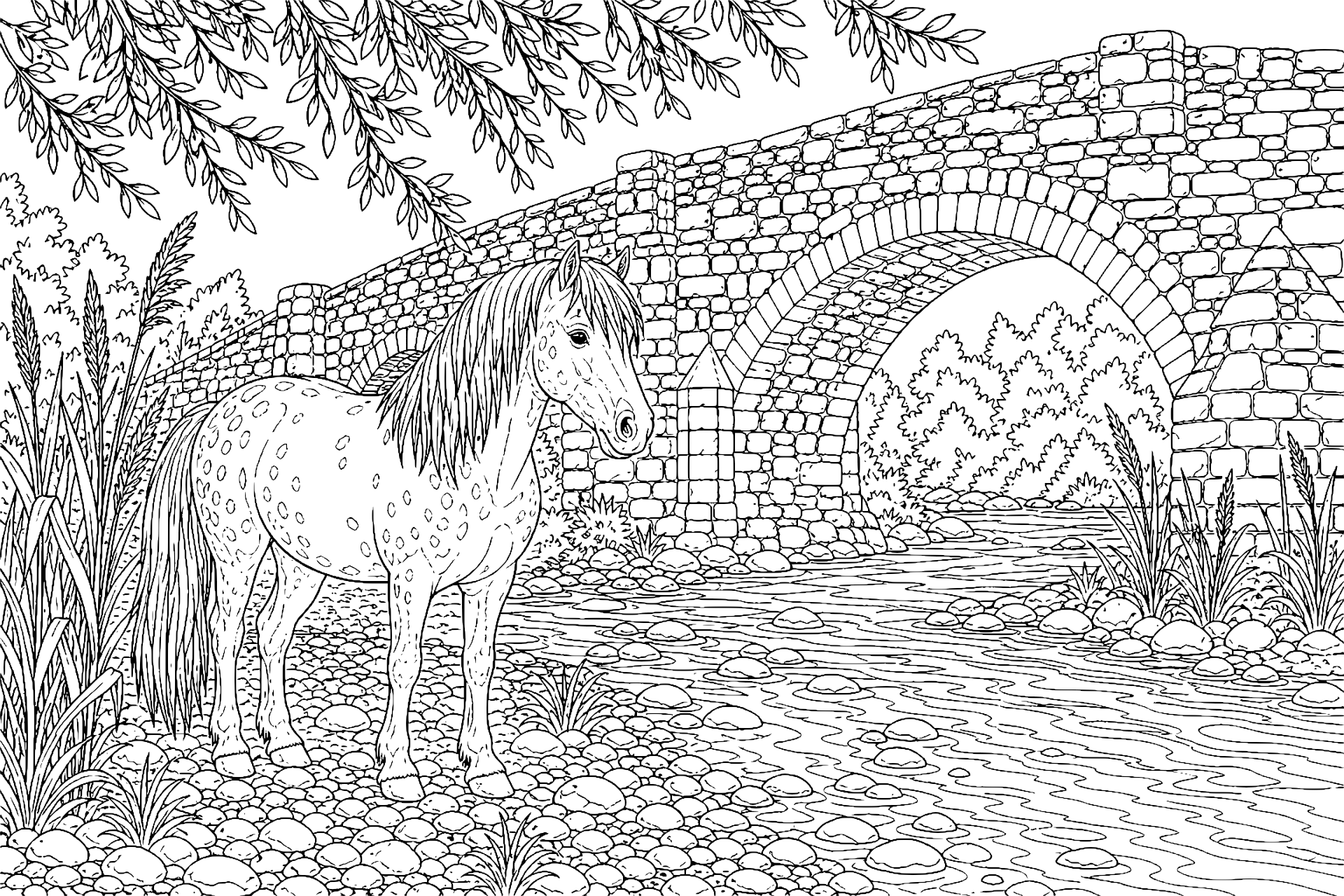 Pony am Flussufer mit alter Steinbrücke - Ausmalbild