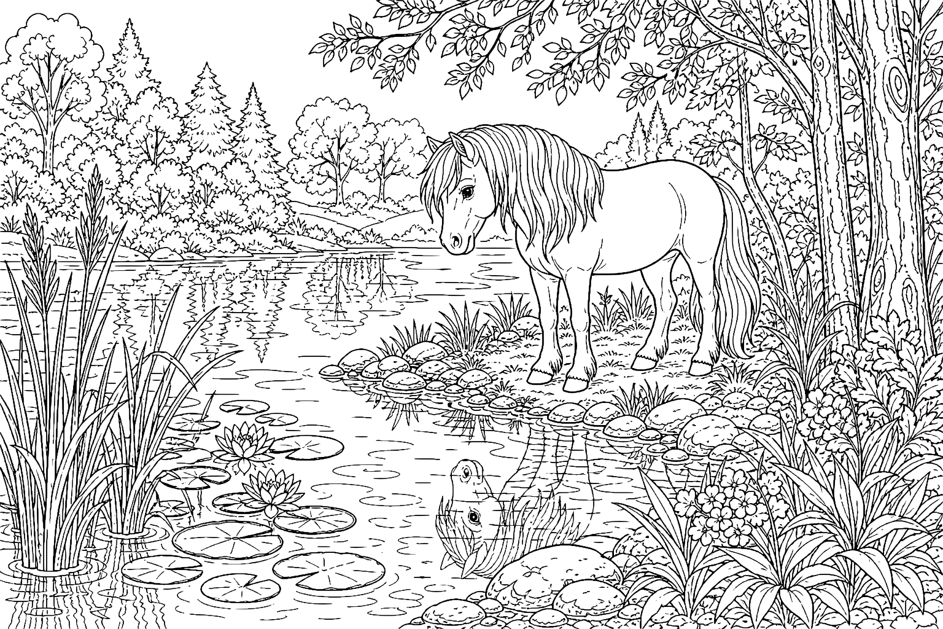 Pony am spiegelnden Waldsee - Ausmalbild