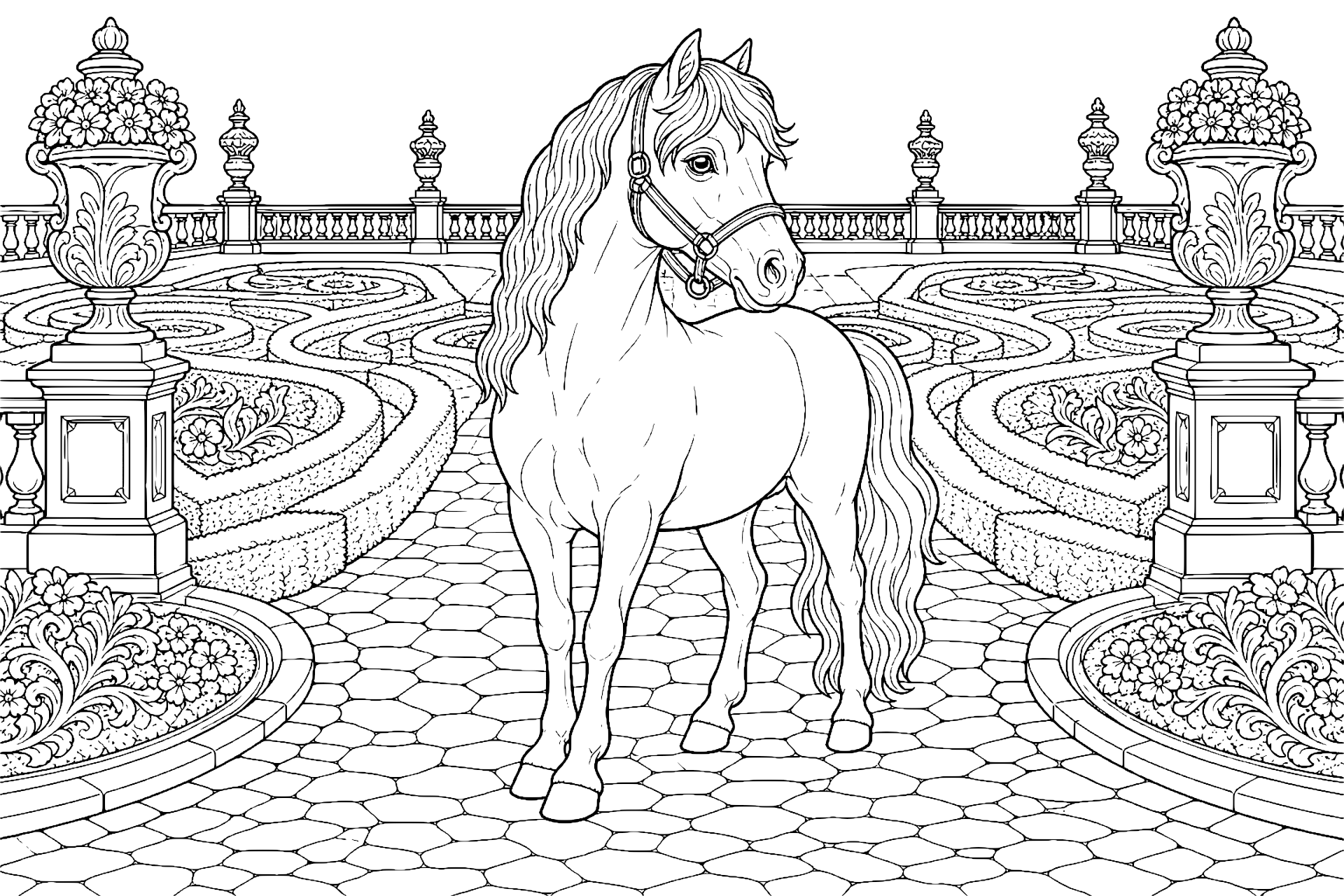 Pony im barocken Gartenlabyrinth - Ausmalbild