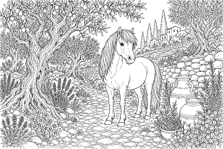 Pony im mediterranen Olivenhain - Ausmalbild
