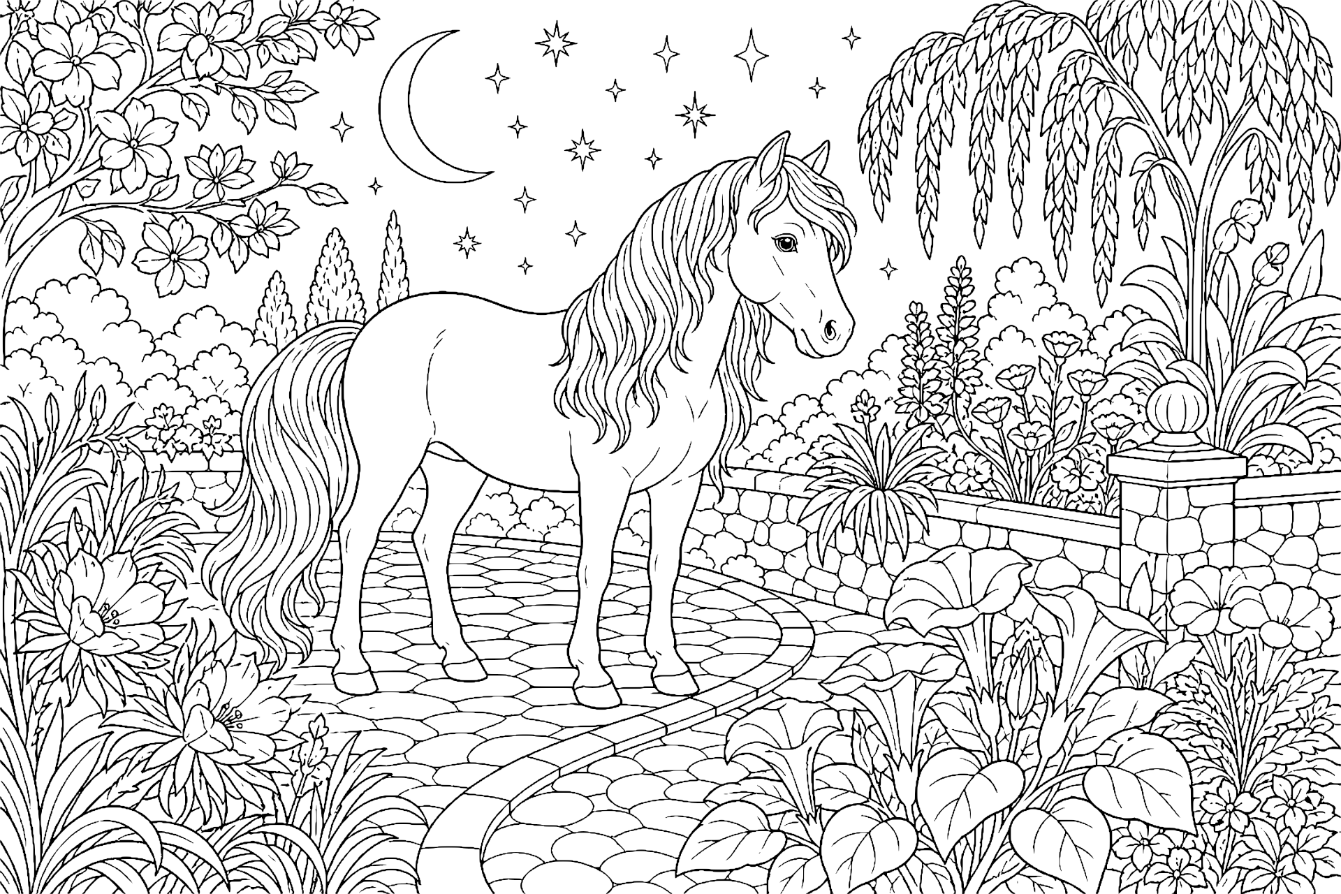 Pony im nächtlichen Sternengarten - Ausmalbild