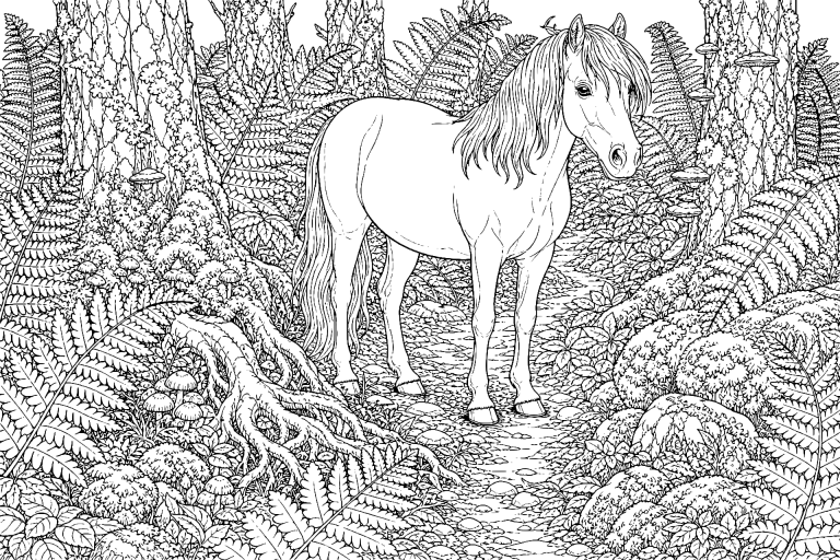 Pony im verwunschenen Farnhain - Ausmalbild