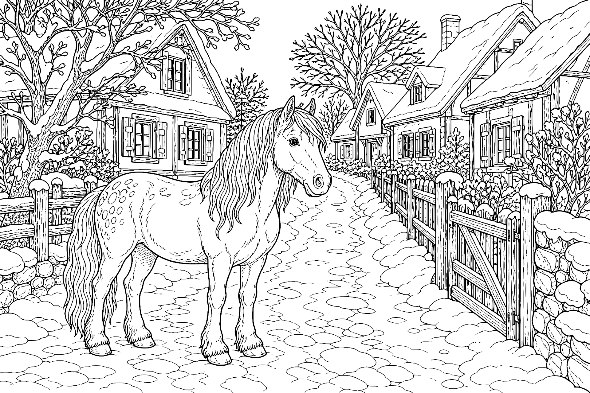 Pony im winterlichen Dorfweg - Ausmalbild