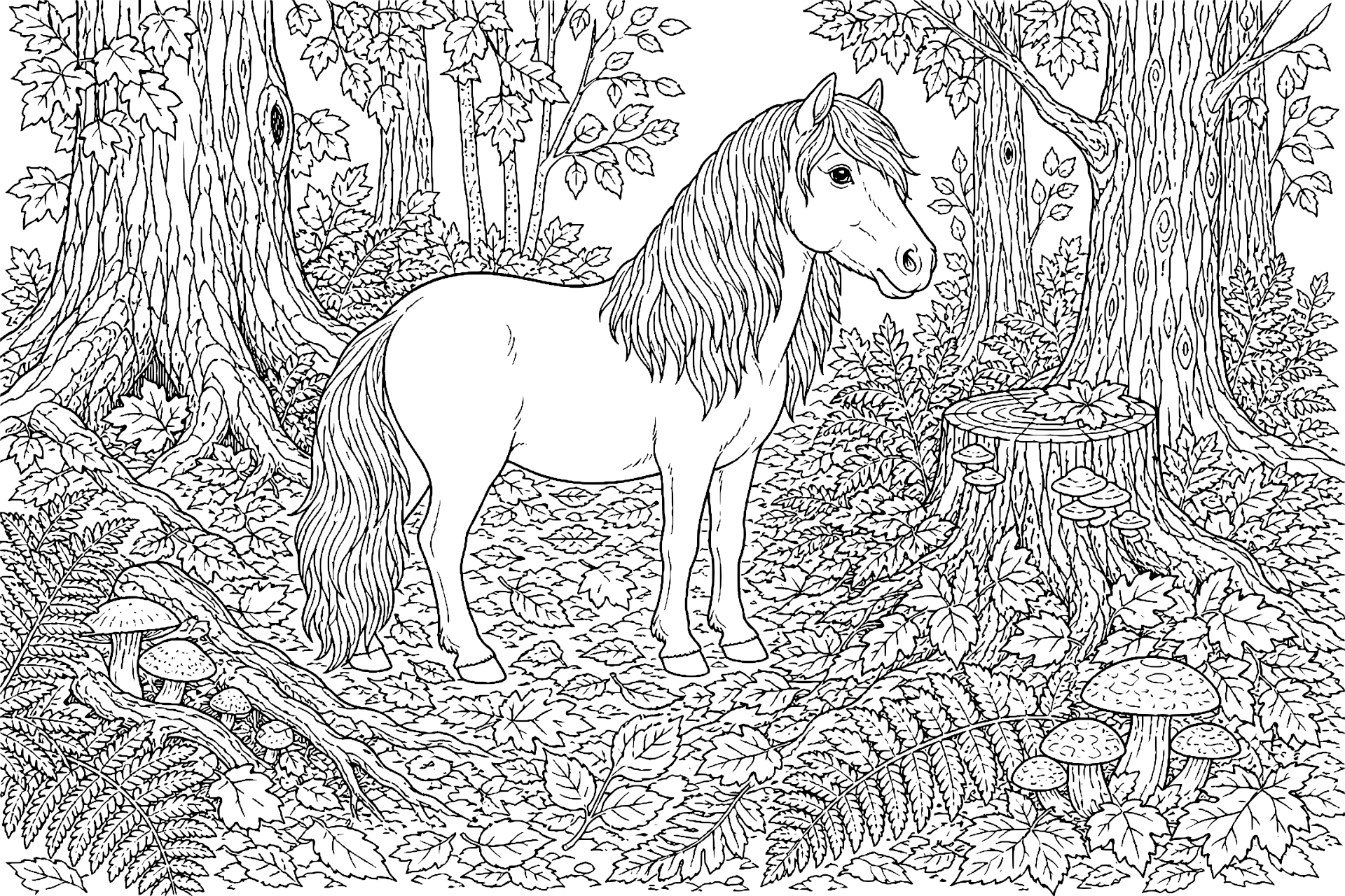 Pony in der herbstlichen Waldlichtung - Ausmalbild