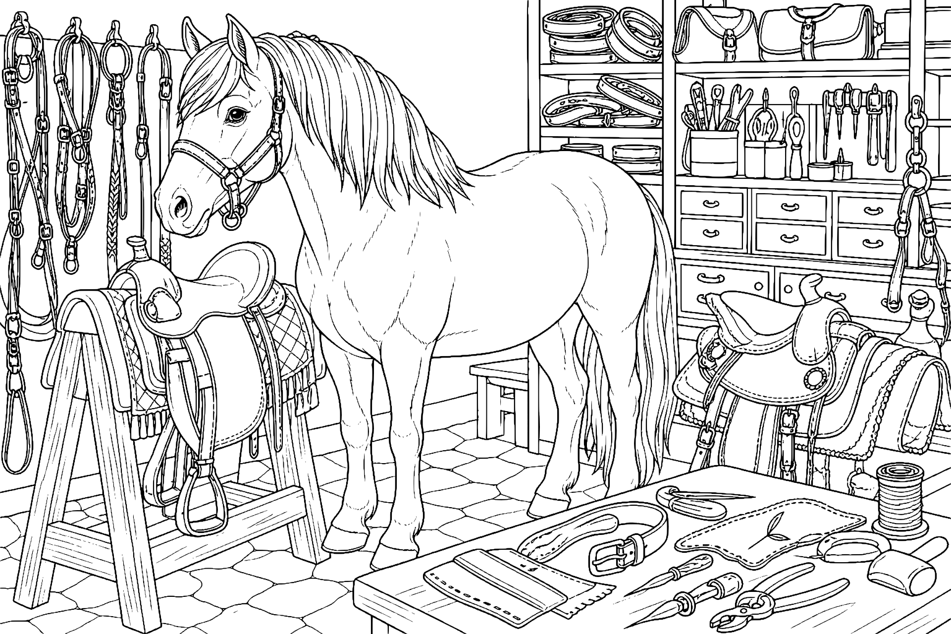 Pony in der Werkstatt des Sattlers - Ausmalbild