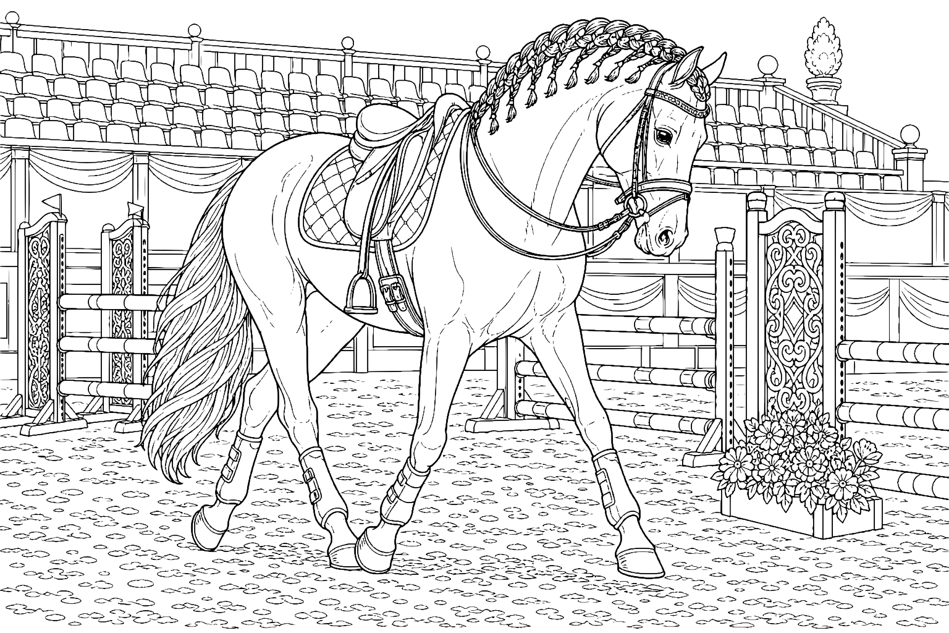 Pony mit Flechtmuster in der Manege - Ausmalbild