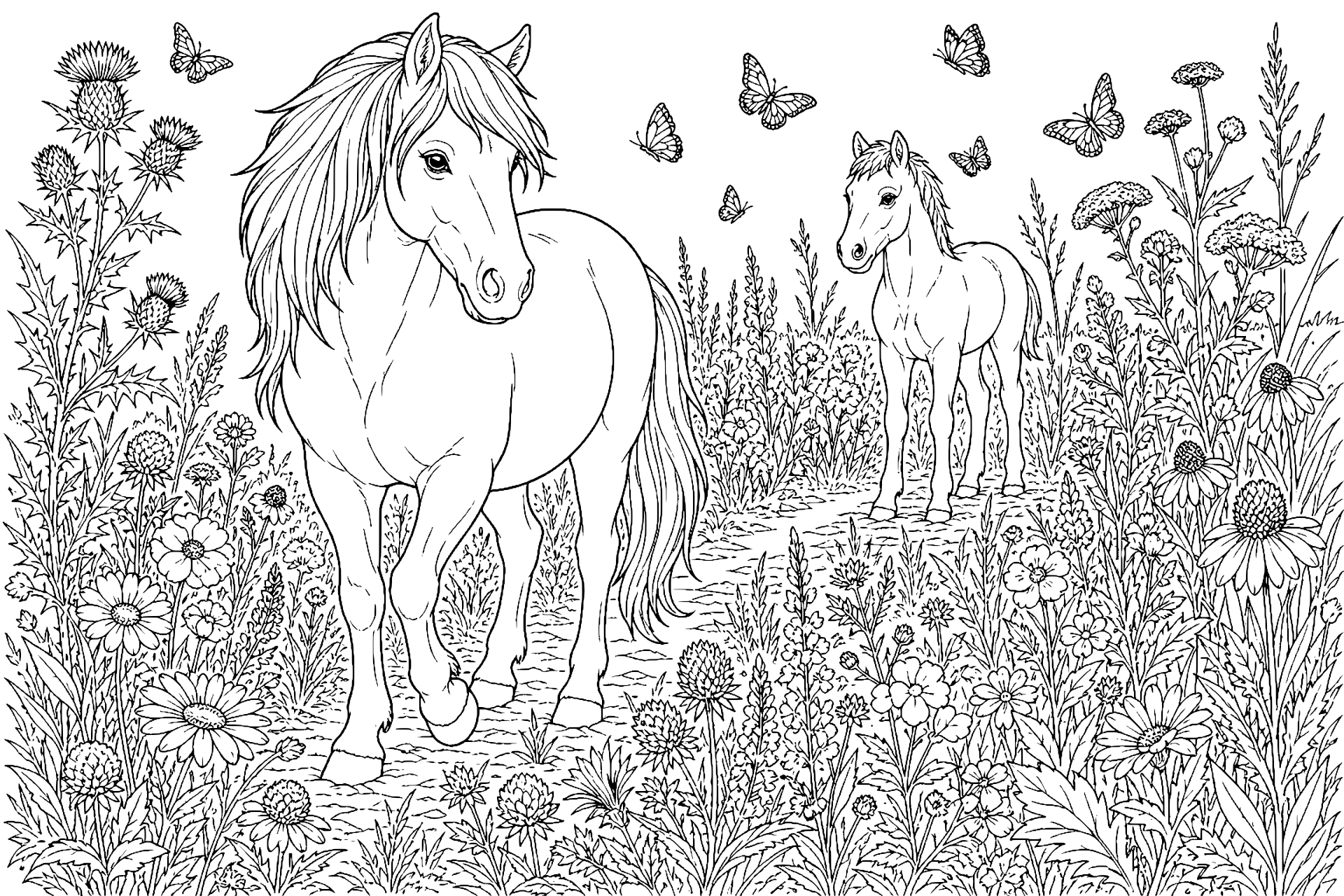 Pony und Fohlen im Blumenfeld - Ausmalbild