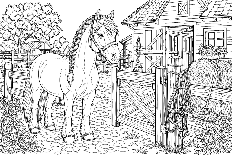 Pony und Reiterhof bei der Morgenruhe - Ausmalbild