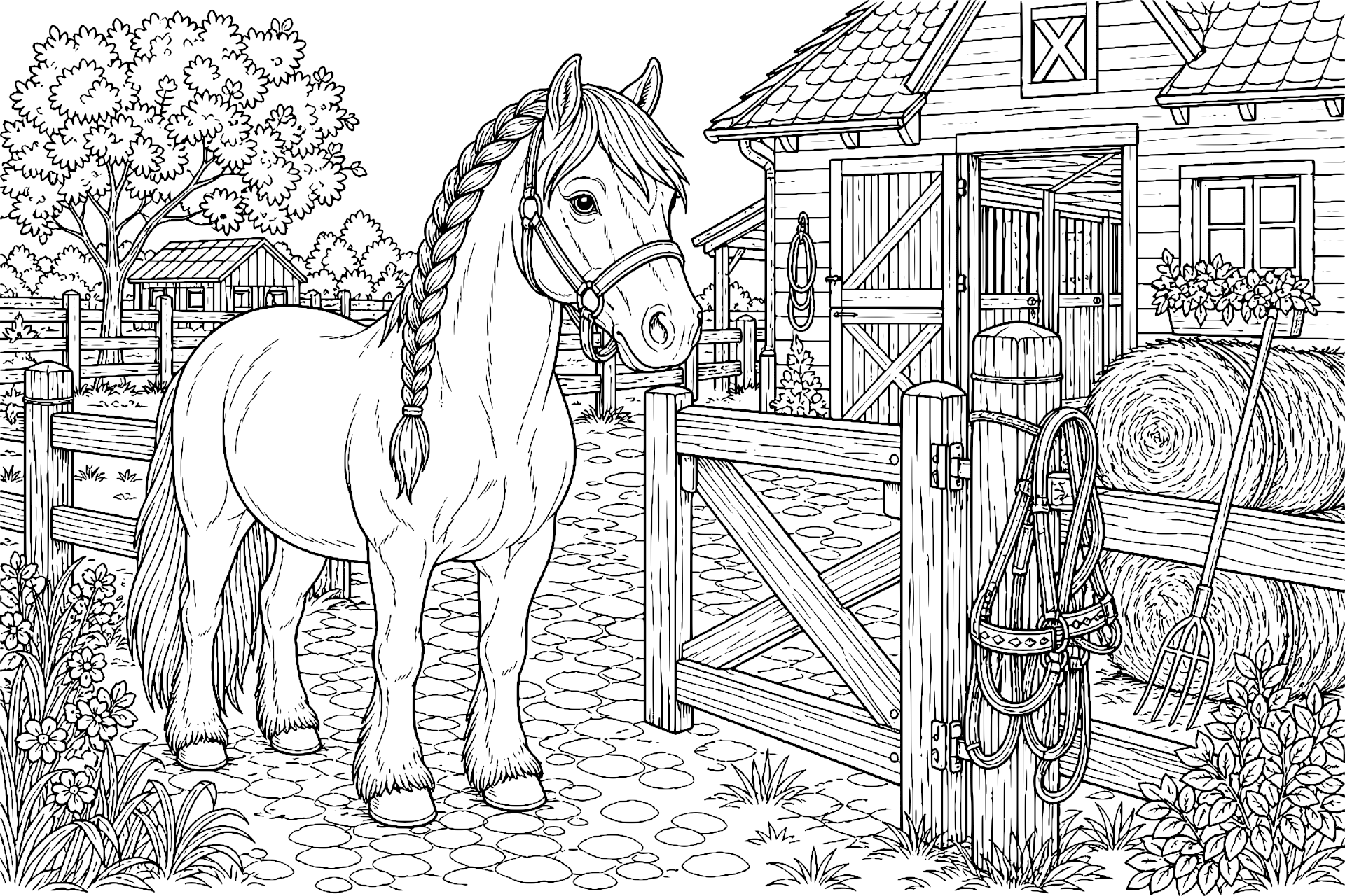 Pony und Reiterhof bei der Morgenruhe - Ausmalbild
