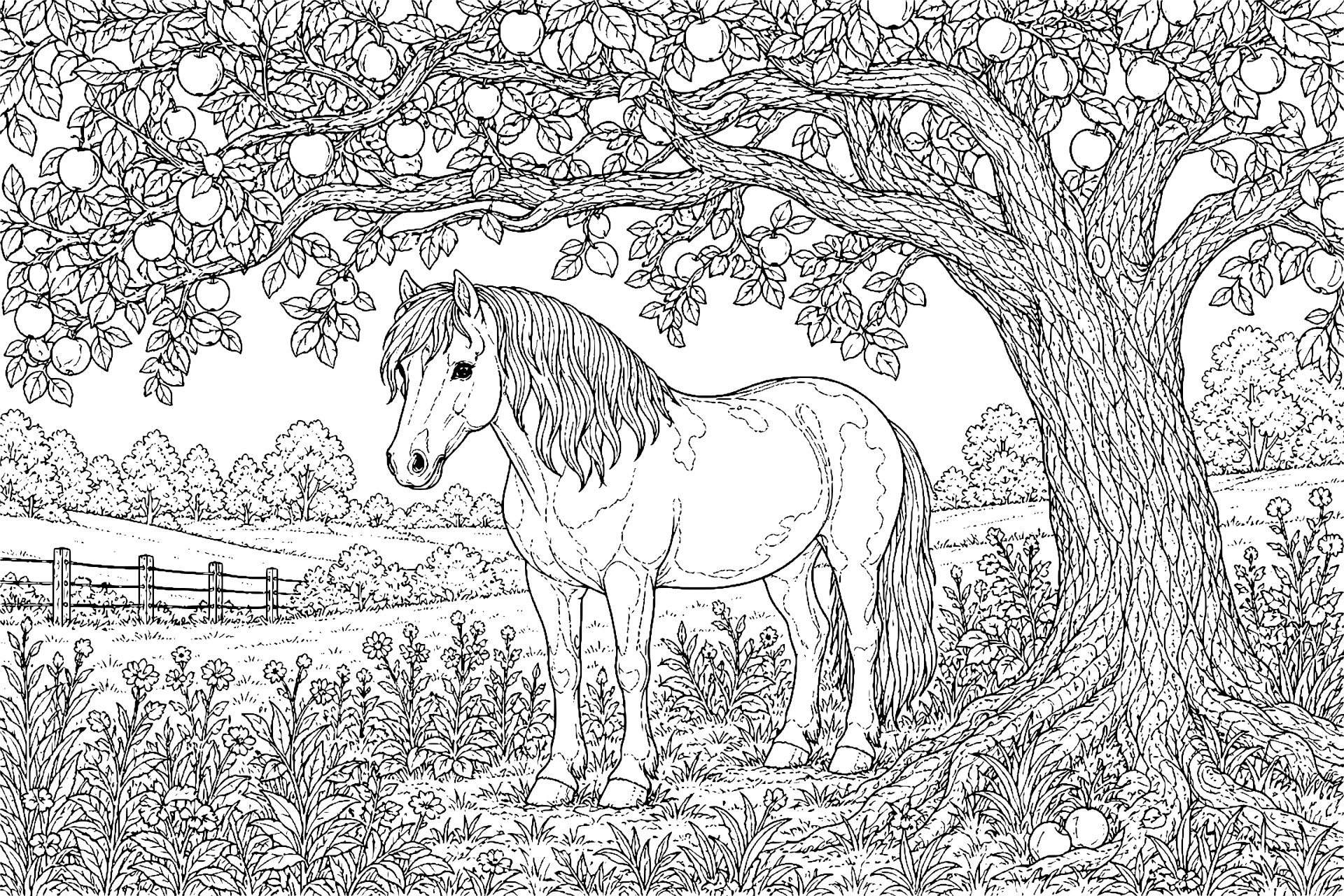 Pony unter einem alten Apfelbaum - Ausmalbild