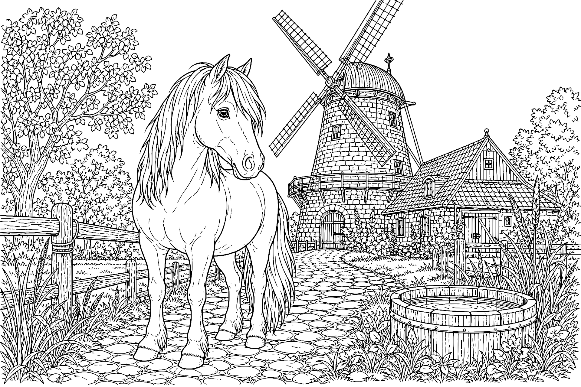Pony vor der historischen Windmühle - Ausmalbild