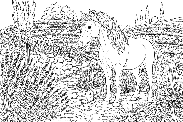 Pony zwischen Lavendelterrassen - Ausmalbild