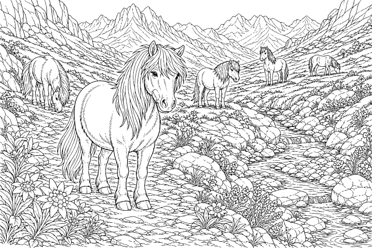Ponyherde im alpinen Hochtal - Ausmalbild