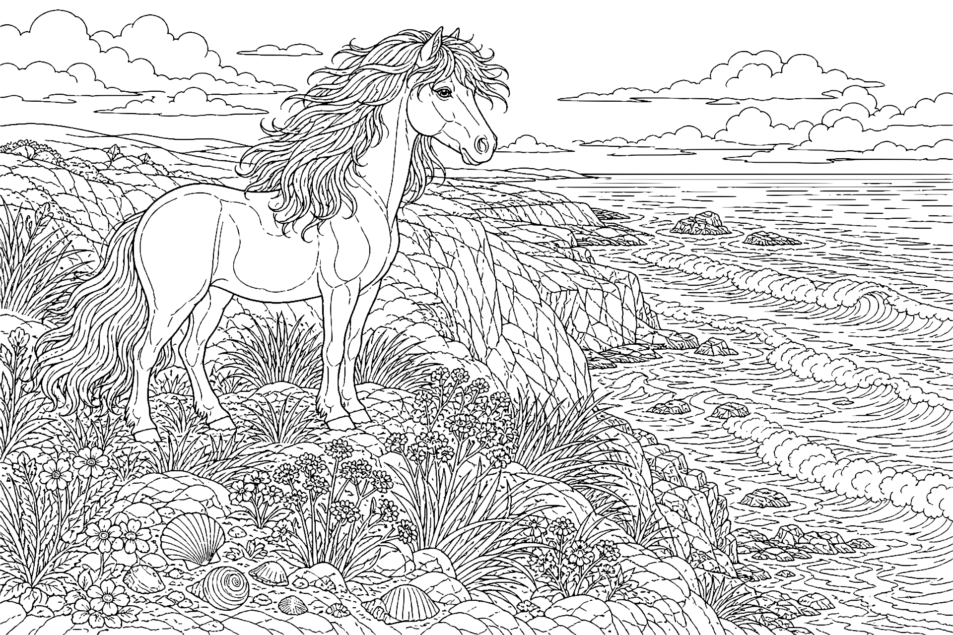 Wildes Pony an der Küstenklippe - Ausmalbild