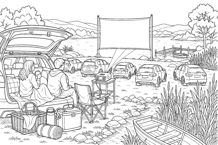 Autokino am See bei Abendstimmung – Ausmalbild für Jugendliche ab 11 Jahren - Ausmalbild ab 11 Jahren