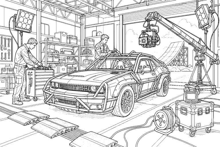 Filmrequisiten-Garage mit Stuntwagen – Ausmalbild für Jugendliche ab 11 Jahren - Ausmalbild ab 11 Jahren