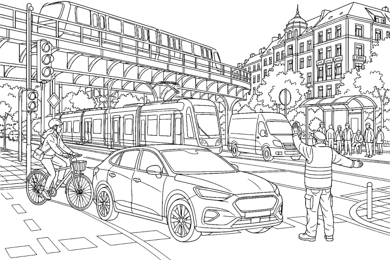 Stadtverkehr unter der Hochbahn – Ausmalbild für Jugendliche ab 11 Jahren - Ausmalbild ab 11 Jahren