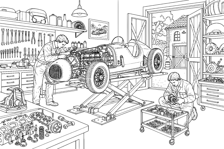 Werkstatt für historische Rennmotoren – Ausmalbild für Jugendliche ab 11 Jahren - Ausmalbild ab 11 Jahren