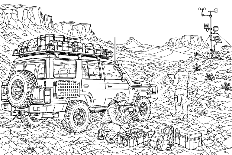 Wüstenexpedition mit Geländewagen – Ausmalbild für Jugendliche ab 11 Jahren - Ausmalbild ab 11 Jahren