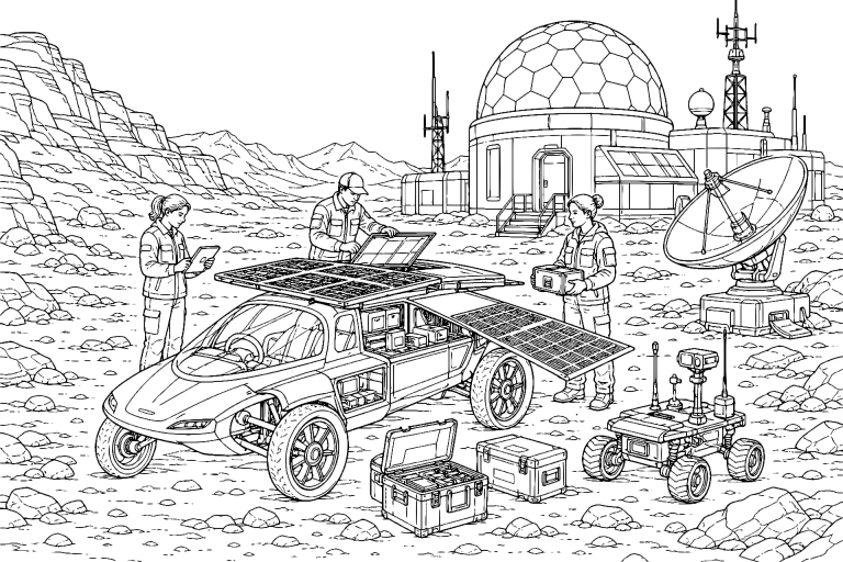 Wüstenobservatorium mit Solarmobil – Ausmalbild für Jugendliche ab 11 Jahren - Ausmalbild ab 11 Jahren