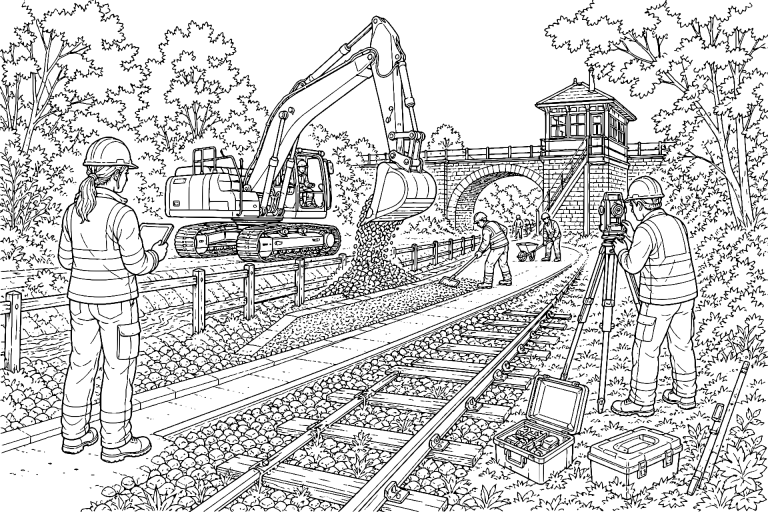 Bagger arbeitet an einer verlassenen Bahnstrecke - Ausmalbild ab 11 Jahren