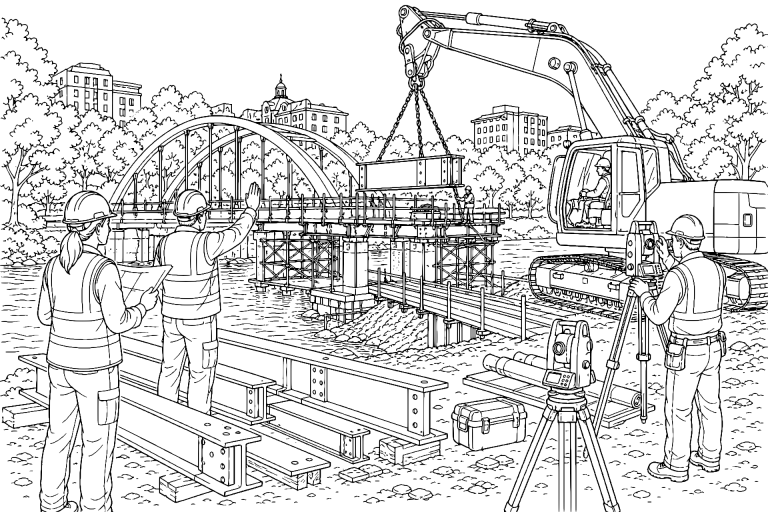 Bagger baut eine Stadtbrücke über den Fluss - Ausmalbild ab 11 Jahren