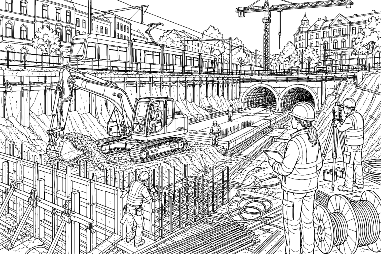 Bagger baut eine unterirdische Straßenbahnhaltestelle - Ausmalbild ab 11 Jahren