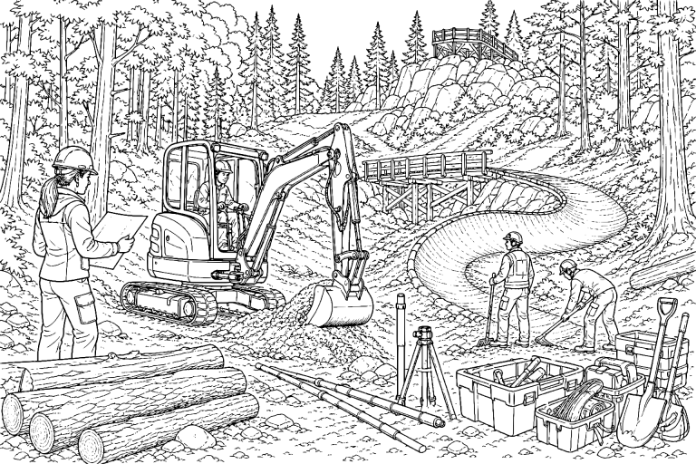 Bagger gestaltet eine Mountainbike-Strecke im Wald - Ausmalbild ab 11 Jahren
