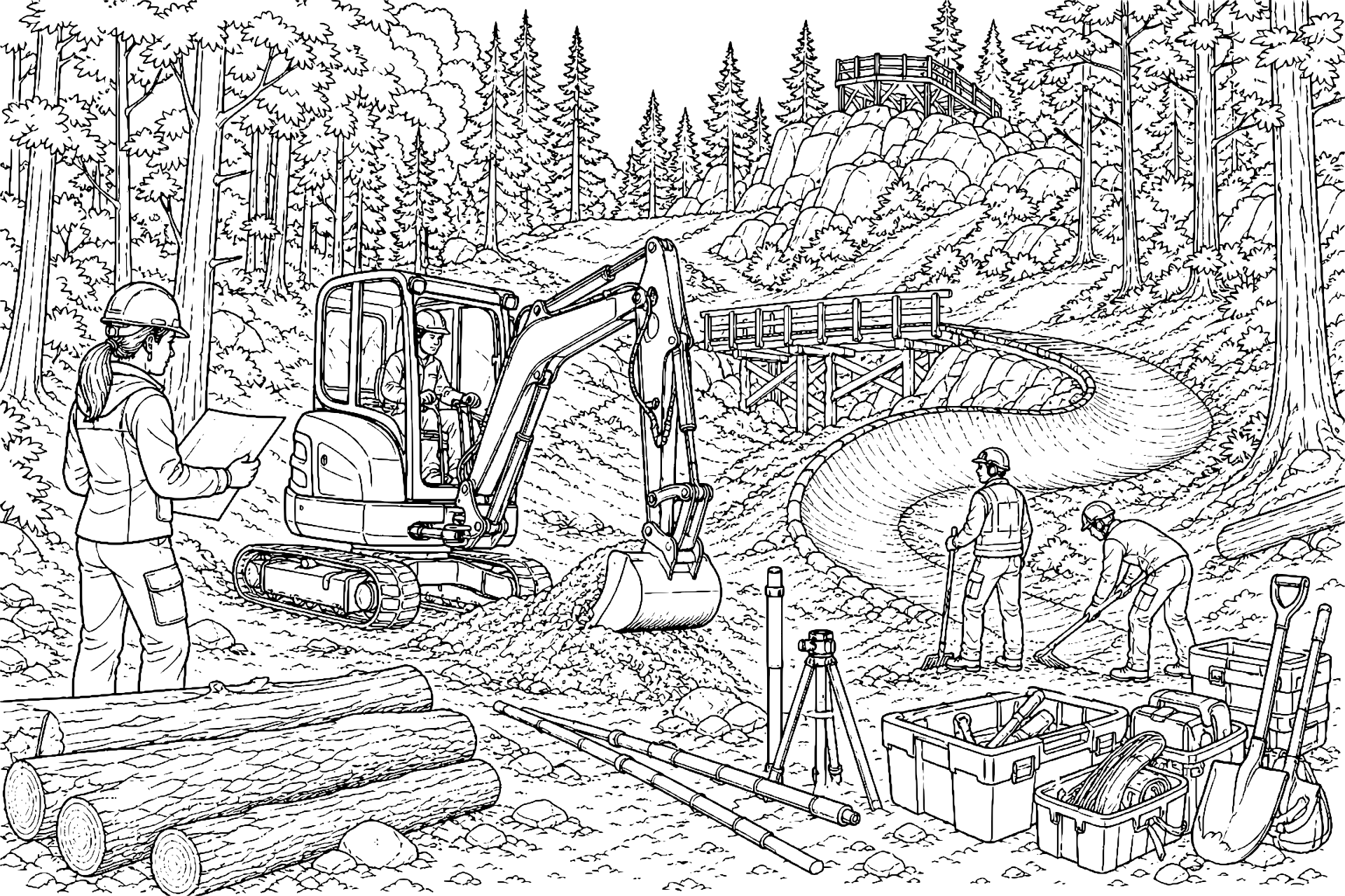 Bagger gestaltet eine Mountainbike-Strecke im Wald