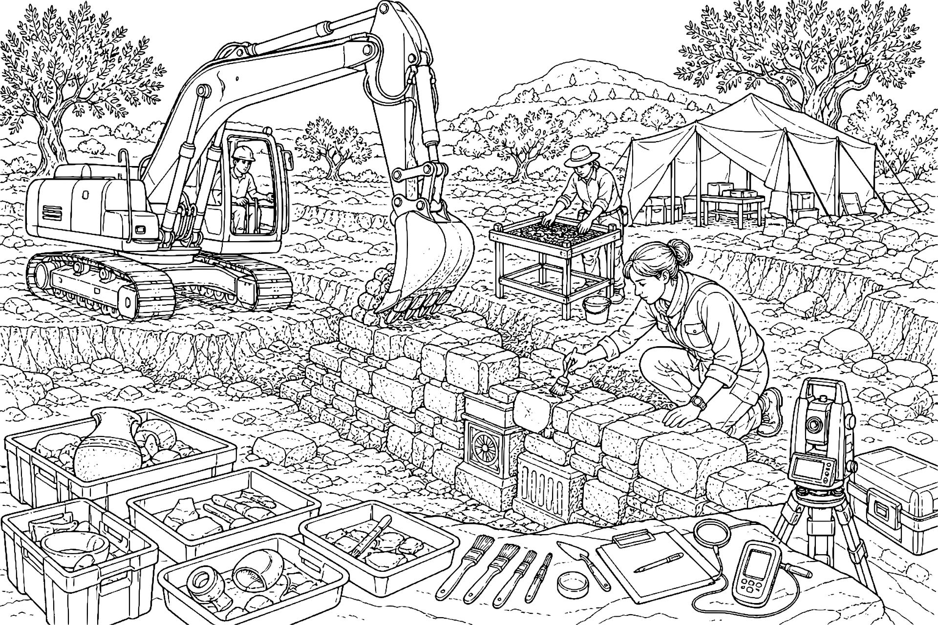 Bagger legt eine historische Ruinenmauer frei