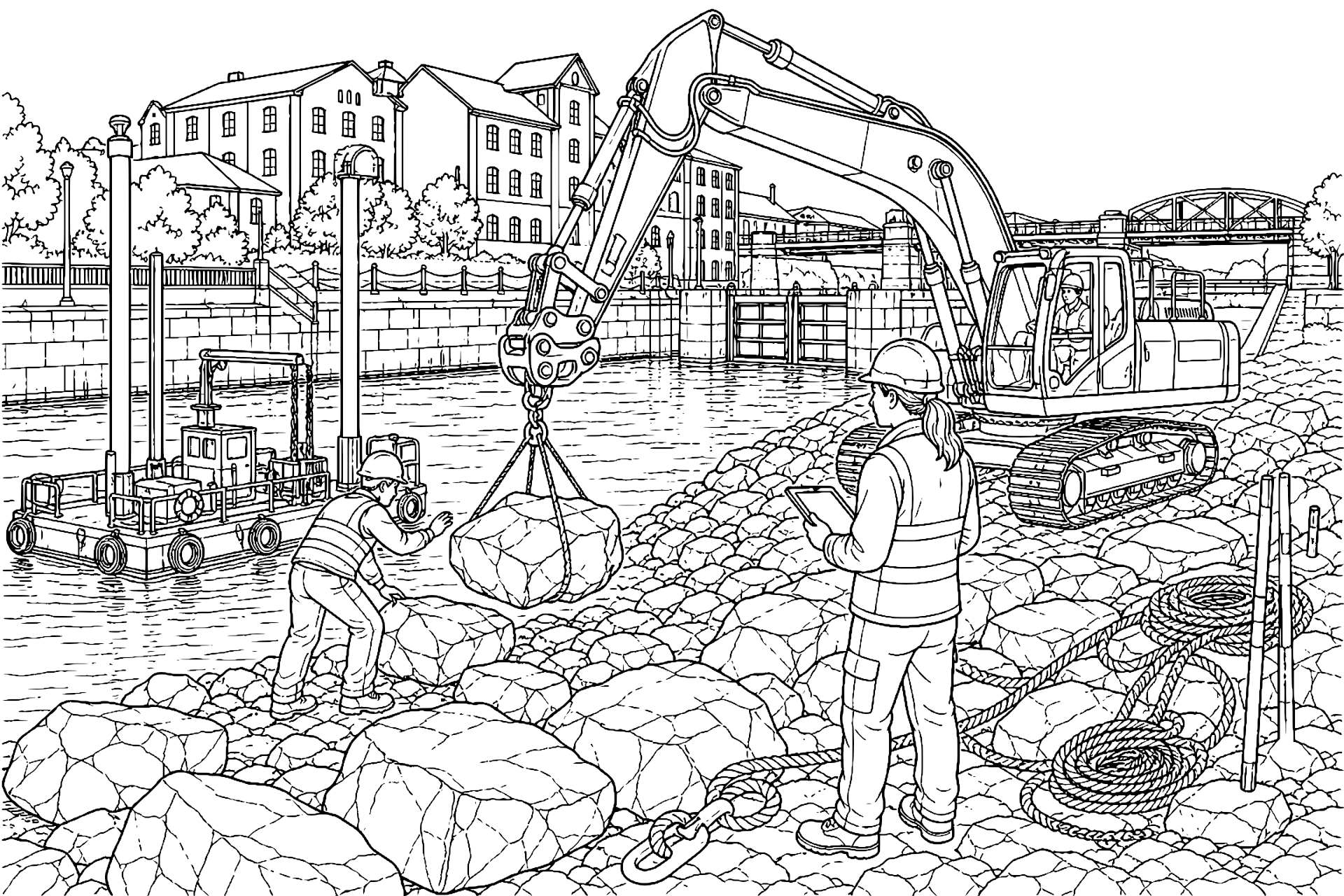 Bagger restauriert das Ufer eines Kanals