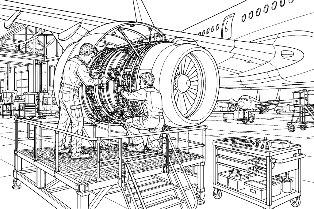 Flugzeugmechaniker bei der Triebwerkswartung - Ausmalbild ab 11 Jahren