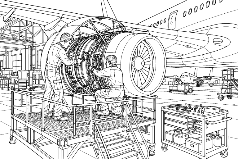 Flugzeugmechaniker bei der Triebwerkswartung - Ausmalbild ab 11 Jahren