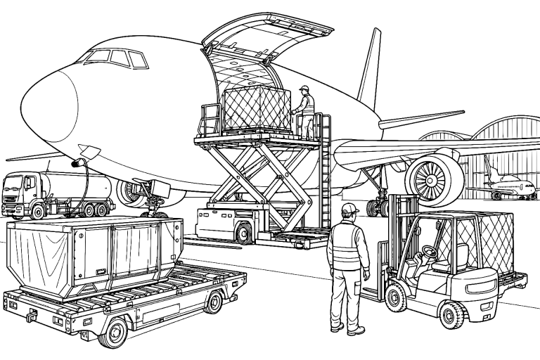 Frachtflugzeug beim Be- und Entladen - Ausmalbild ab 11 Jahren