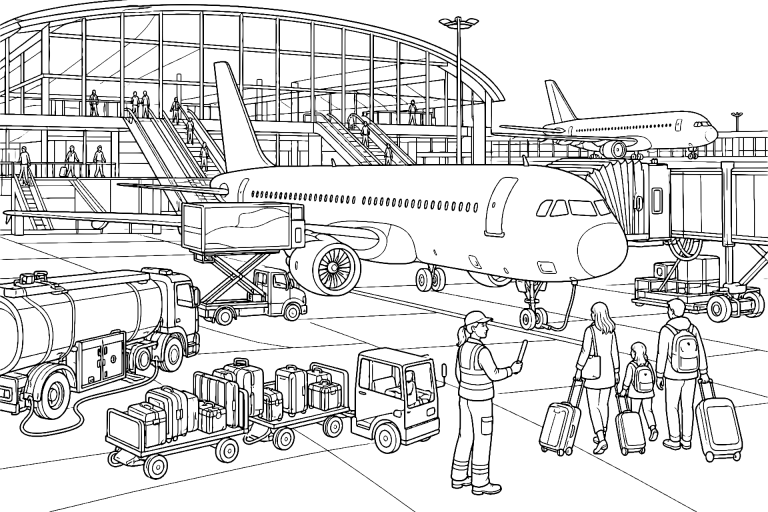 Passagierflugzeug am modernen Terminal - Ausmalbild ab 11 Jahren