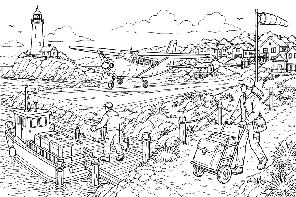 Postflugzeug landet auf einer Inselpiste - Ausmalbild ab 11 Jahren