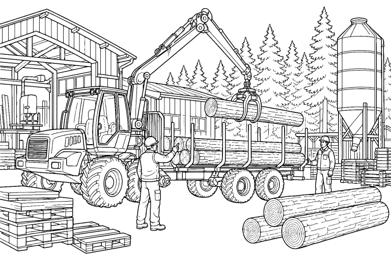 Traktor am Hofkran beim Verladen von Holz – Ausmalbild für Kinder ab 11 Jahren - Ausmalbild ab 11 Jahren