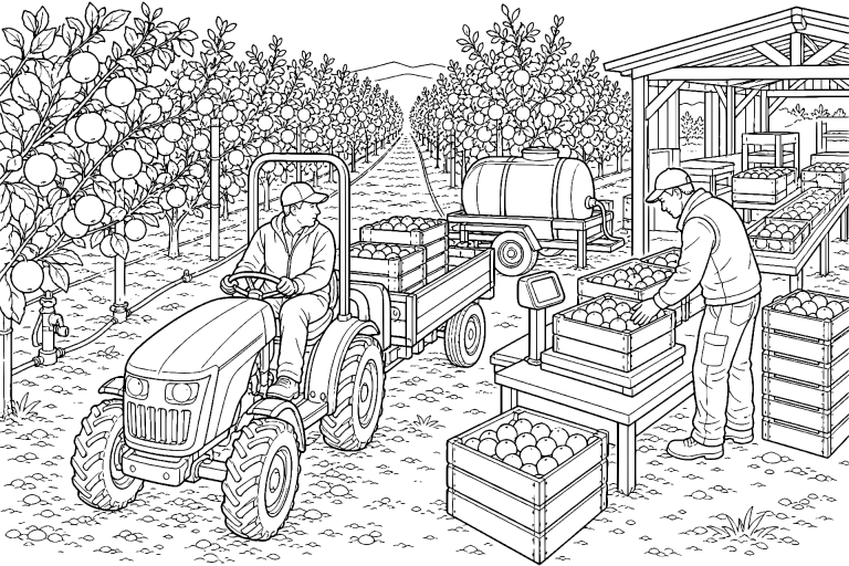 Traktor auf der Obstplantage bei der Erntekontrolle – Ausmalbild für Kinder ab 11 Jahren - Ausmalbild ab 11 Jahren