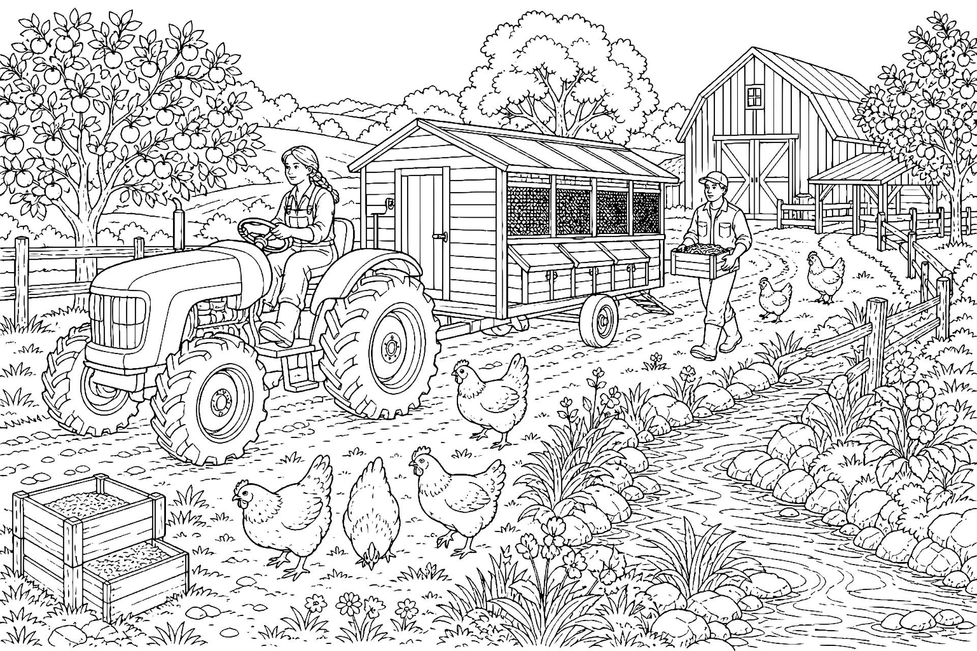Traktor beim Transport eines mobilen Hühnerstalls