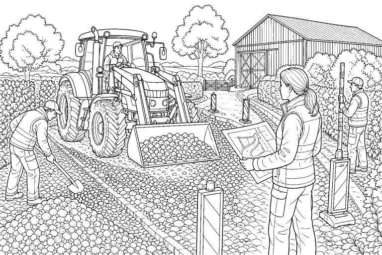 Traktor mit Frontlader beim Bau einer Feldzufahrt – Ausmalbild für Kinder ab 11 Jahren - Ausmalbild ab 11 Jahren