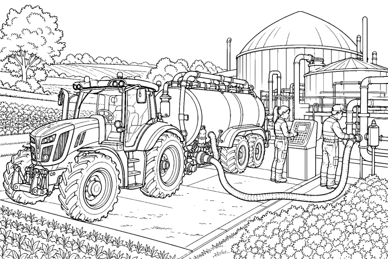 Traktor mit Güllefass an der Biogasanlage – Ausmalbild für Kinder ab 11 Jahren - Ausmalbild ab 11 Jahren